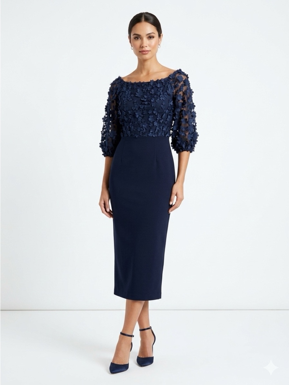 Elegant Navy Floral Appliqué Midi Dress